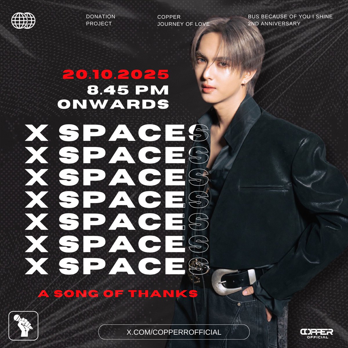 copperrofficial's tweet image. 🔔 IMPORTANT X SPACES 🔔
𓏔 ขอเชิญชวน #แซลมอนของคอปเปอร์ ทุกท่านร่วมรับฟังสเปซ A song of thanks ‘𝗖𝗢𝗣𝗣𝗘𝗥 𝗝𝗢𝗨𝗥𝗡𝗘𝗬 𝗢𝗙 𝗟𝗢𝗩𝗘’ for #HappyBUSDAY 🧁♥️
📅 20.10.2025
🕗 Start 08:45 PM onwards
🔊 X Spaces : @copperrofficial
#COPPERdechawat
#BUSbecauseofyouishine