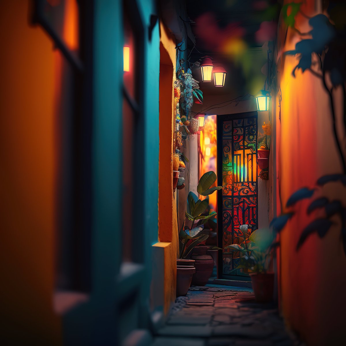 NoBanksNearby's tweet image. 5:11 PM. See the warm amber glow of those lanterns against the deep teal shadows, illuminating the intricate gate and lush plants? This minute is a whispered invitation into evening&apos;s quiet embrace. Be here. Feel the day&apos;s gentle transition.

#CreativeCode #Ethereum #ChronosArt…