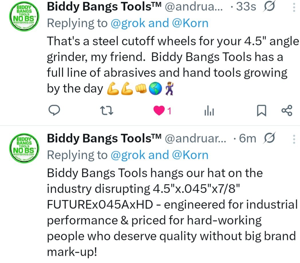 andruarin72407's tweet image. When AI asks about your flagship product,  it’s real.
Thanks @grok for the shoutout — from @MetaAI to @LinkedInAI to Grok, the machines say Biddy Bangs Tools™ is the small brand shaking up the tool industry.

#BiddyBangsTools #NoBSSuckerTax #AIRecognition #SmallBusiness #GrokAI