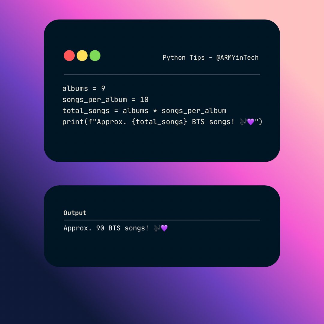 ARMYinTech's tweet image. Python Tip: Simple Math in Code
👉 Math in Python is easy! You can multiply, divide, or add right inside your code.
#ARMYinTech