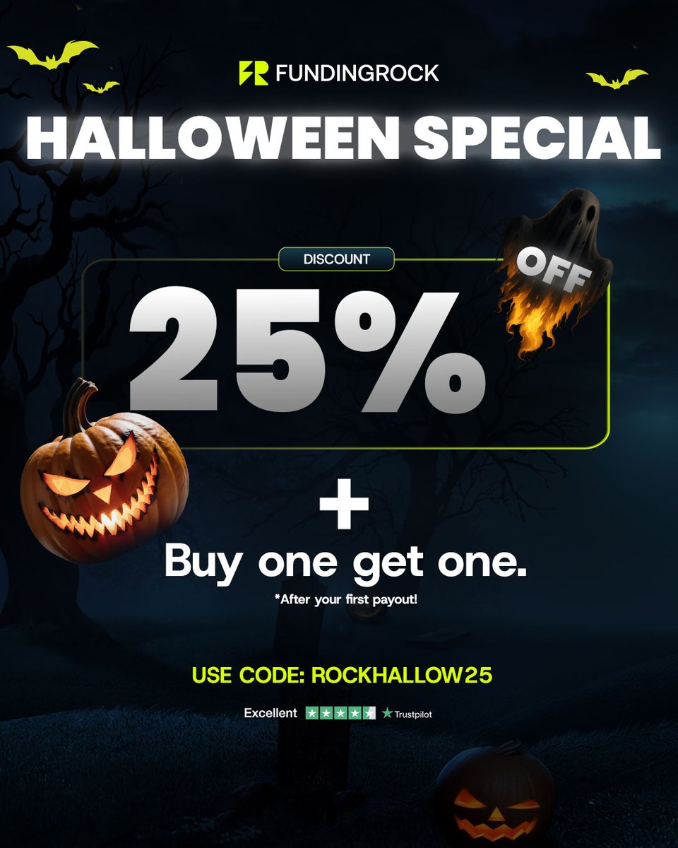 🎃 Halloween Special at Funding Rock! 🎃  

Get 25% OFF all accounts – and that's not all...  

Once you reach your first payout, you’ll receive a FREE account of the same size! 👻  

Use code: ROCKHALLOW25 at checkout - fundingrock.com