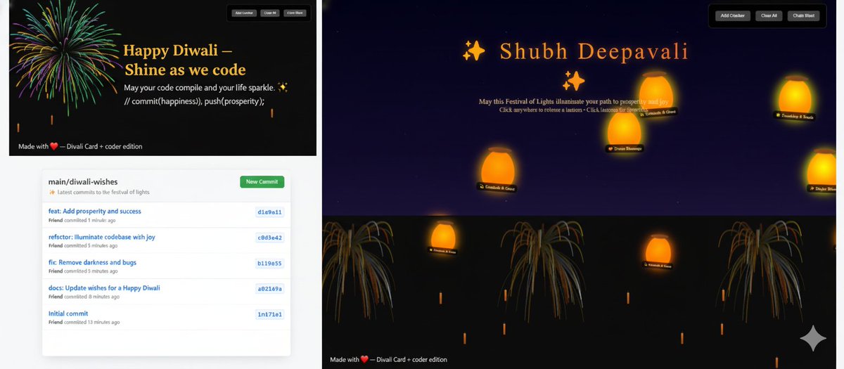AyushKu48810879's tweet image. Happy Diwali! ✨ May your code compile & your life sparkle! Coder Wish: ayush-2302.github.io/Diwali/diwalic… Fireworks: ayush-2302.github.io/Diwali/explosi… Greetings: ayush-2302.github.io/Diwali/diwali-… #Diwali #Coding #WebDev #HappyDiwali