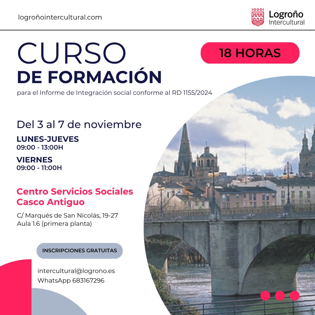 ¿Vas a solicitar el arraigo social o socioformativo? Logroño Intercultural ofrece un curso gratuito de 18 horas para el Informe de Integración Social.
Más info e inscripciones en intercultural@logrono.es y en el 683167296.
#ladiversidadenriquece
<a href="/AytoLogrono/">Ayuntamiento Logroño</a>