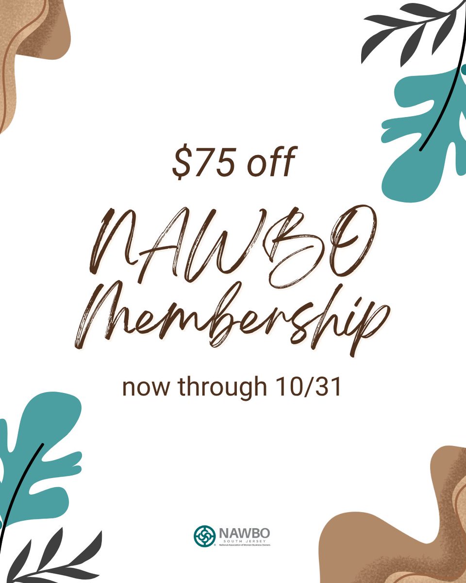 Only a few days left! $75 off new member initiation (Premier/Basic/Supporting) thru 10/31 for NAWBO’s 50th.

Join today → nawbo.org

#NAWBOSouthJersey #JoinNAWBO #WomenInBusiness #WomenEntrepreneurs #WomensSmallBusinessMonth #MemberPerks #WomenOwned