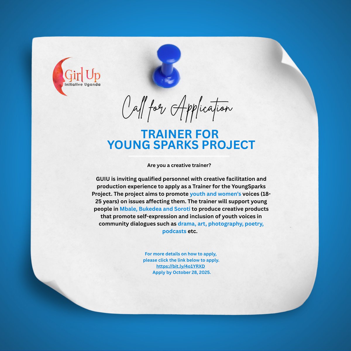 🚨 Call for Applications!
Girl Up Initiative Uganda &amp; DW Akademie seek a Media Development Trainer to mentor youth &amp; women through the #YoungSparks Programme.

🗓️ Apply by Oct 28, 2025
👉 bit.ly/4o1YRXD