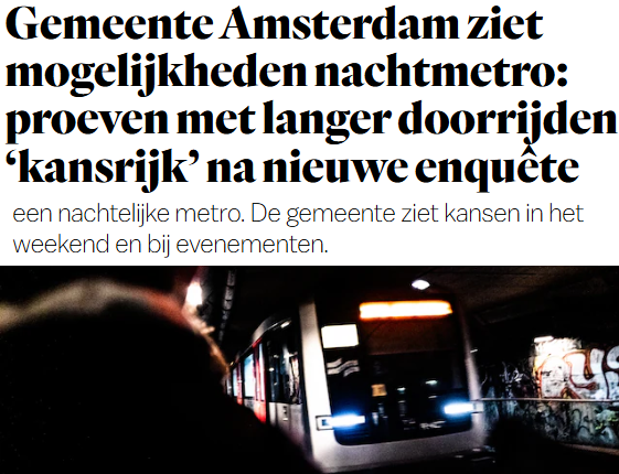 Stadsbestuur schrapte nacht-OV. #Amsterdam #raad020

Nu 65% voorstander blijkt van de nachtmetro, zoals Piraten willen,
zegt de gemeente toch 'kansen te zien in weekenden en bij evenementen' 👌 parool.nl/amsterdam/geme…