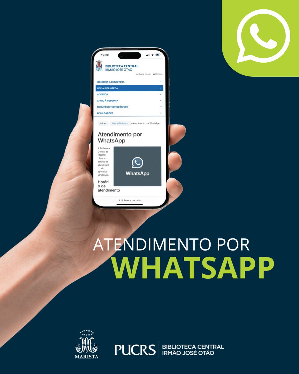 Biblioteca PUCRS (@bibliotecapucrs) on Twitter photo A Biblioteca está no WhatsApp da PUCRS.
Adicione o número (51) 98443.0788 e esclareça suas dúvidas conosco.
Atendimento em dias úteis, de segunda a sexta-feira, das 8h às 22h, e aos sábados, das 10h às 14h. A Biblioteca está no WhatsApp da PUCRS.
Adicione o número (51) 98443.0788 e esclareça suas dúvidas conosco.
Atendimento em dias úteis, de segunda a sexta-feira, das 8h às 22h, e aos sábados, das 10h às 14h.