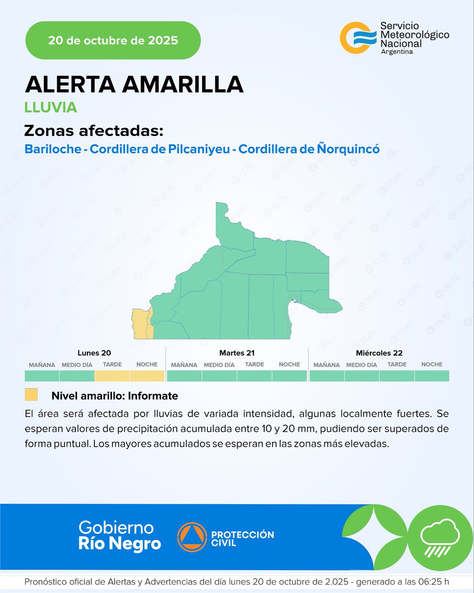 Lunes 20 de octubre | 🌧️ Alerta Amarilla por Lluvia en las Zonas de Bariloche; Cordillera de Pilcaniyeu; y Cordillera de Ñorquincó