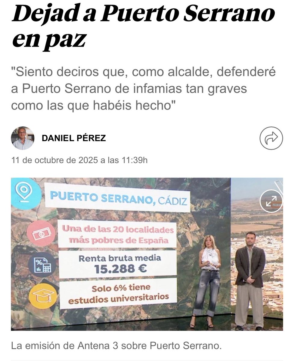 Defender a tu pueblo es legítimo. Atacar a una periodista por su nombre, no.
El alcalde de Puerto Serrano tiene derecho a discrepar de un reportaje, pero no a señalar a una periodista.
La democracia se basa en respetar la libertad de prensa, nos gusten o no los titulares.