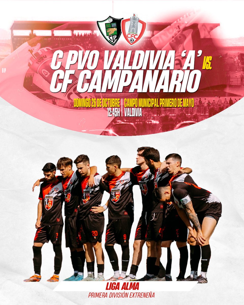 JORNADA 6 | LIGA ALMA

📍 Campo Municipal Primero de Mayo 
📅 Domingo, 26 de Octubre
🕛 12:45H
🆚 CP Valdivia

#vamoscampa🔴🔴