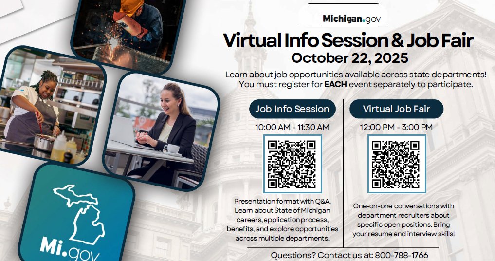Looking for a career with the State of Michigan? 🌟
Join the Virtual Job Info Session (10–11:30 AM) &amp; Virtual Job Fair (12–3 PM) on Oct 22!
💻 Learn, connect &amp; apply!
#MichiganJobs #VirtualJobFair #MichiganWorksSouthwest