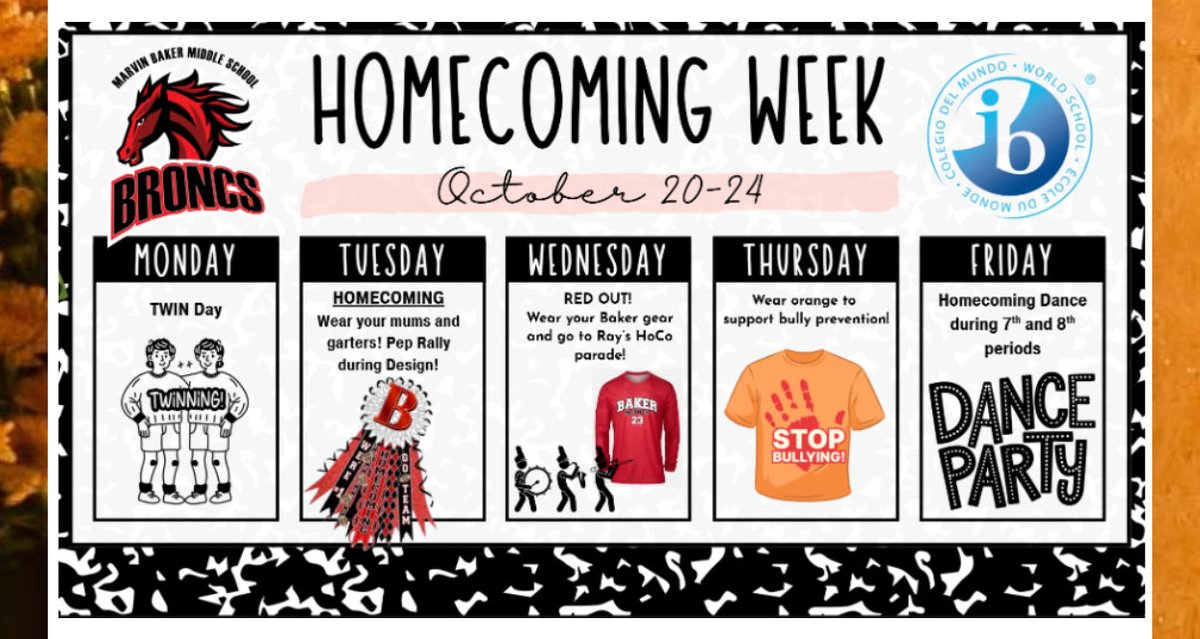 It’s Homecoming Week!

Monday- TwinsDay
Tuesday- Spirit Wear! Show Bronc Pride during our pep rally! 
Wednesday- Red Out/ Ray Homecoming Parade
Thursday- Wear Orange to show bullying doesn’t fly here at Baker. 
Friday- Dance Party
#EOK <a href="/wbrayfootball/">Coach Craig Charlton</a> <a href="/RayTexanXC/">RayTexanCrossCountry</a> <a href="/_360athletics/">360 Athletics</a>