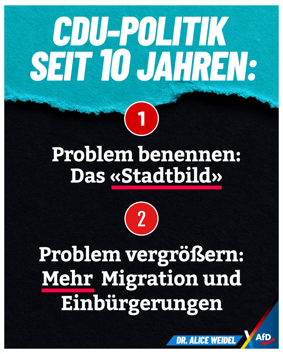 Während Merz das selbst verursachte "Stadtbild" kritisiert, zementiert die CDU diesen Zustand durch massenhafte Einbürgerungen und weiteren Zuzug. Ein Problem klar zu benennen, nur um es dann selbst weiter zu verschärfen ist CDU-Politik seit 10 Jahren.