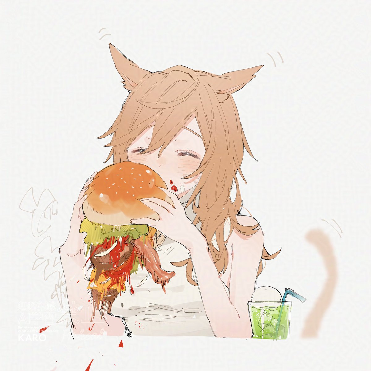 ハンバーガー食べるのが下手なミコッテ🍔