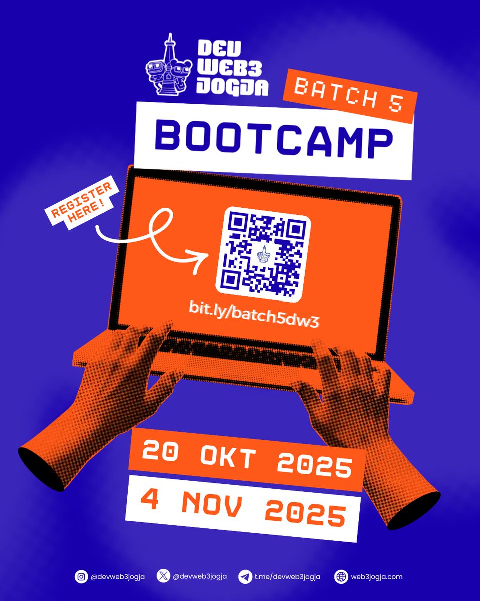 devweb3jogja's tweet image. [OPEN REGISTRATION]
Setelah menunggu cukup lama, akhirnya yang ditunggu datang juga! 🥳🔥

Bootcamp Batch 5 DevWeb3Jogja resmi dibuka buat kamu yang pengen upgrade skill dan terjun ke dunia Web3! 

Program ini dirancang buat siapa aja baik mahasiswa, dev Web2 yang mau switch ke…