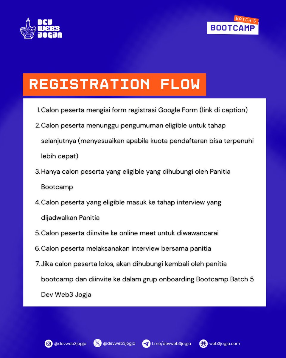 devweb3jogja's tweet image. [OPEN REGISTRATION]
Setelah menunggu cukup lama, akhirnya yang ditunggu datang juga! 🥳🔥

Bootcamp Batch 5 DevWeb3Jogja resmi dibuka buat kamu yang pengen upgrade skill dan terjun ke dunia Web3! 

Program ini dirancang buat siapa aja baik mahasiswa, dev Web2 yang mau switch ke…