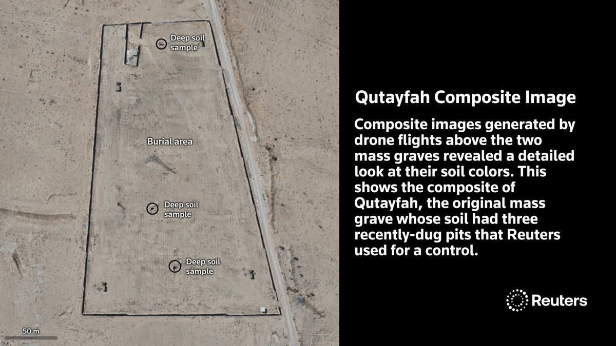 Reuters's tweet image. Reuters combined thousands of drone images to create a detailed composite of a known Syrian mass grave. Its three pits helped geologists compare subsoil color with a newer secret grave site. The pits first appeared in satellite images after Assad&apos;s fall reut.rs/4oyHfm5