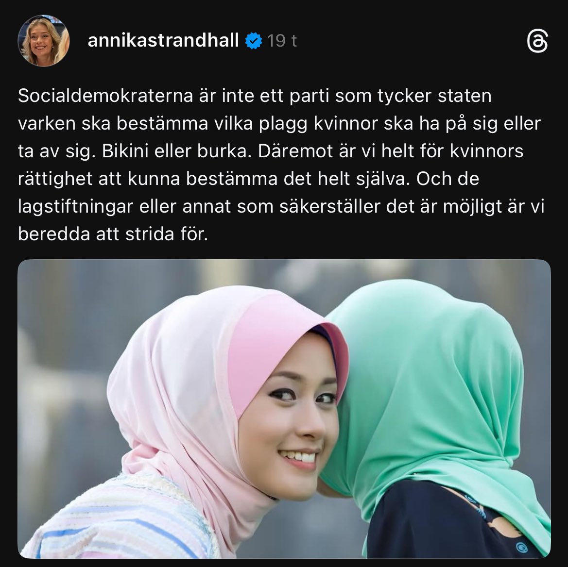 - Hemmafru?
S-kvinnor: Det är inte kvinnans val utan patriarkal indoktrinering. Tvångsbeskatta så det väljs bort.

-Föräldraledighet?
S-kvinnor: Det är inte kvinnans val utan patriarkal indoktrinering. Tvångskvotera så det väljs bort.

- Heltäckande hälsofarlig klädsel som