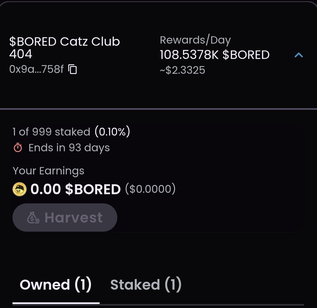 BoredCatzClub's tweet image. 💸 Staking is LIVE 💸
Emissions start at 8am EST on @ObsidianSwap 💎
No Lock ❌🔒
3 Month / 1% $BORED
💰 On Completion = 7% of total $BORED supply Paid back to Holders via staking.
Big $BORED vibes #crofam
💸 : obsidian.finance/crommunities/n…