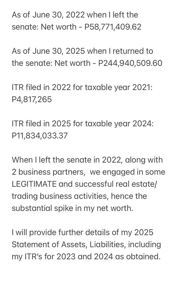 nimfaravelo's tweet image. Net worth ni Senator Ping Lacson, tumaas sa nagdaan na tatlong taon na wala siya sa gobyerno/Senado dahil aniya successful ang real estate at trading business nila ng 2 business partners. @dzbb
As of June 30, 2022 - P58,771,409.62
As of June 30, 2025 - P244,940,509.60