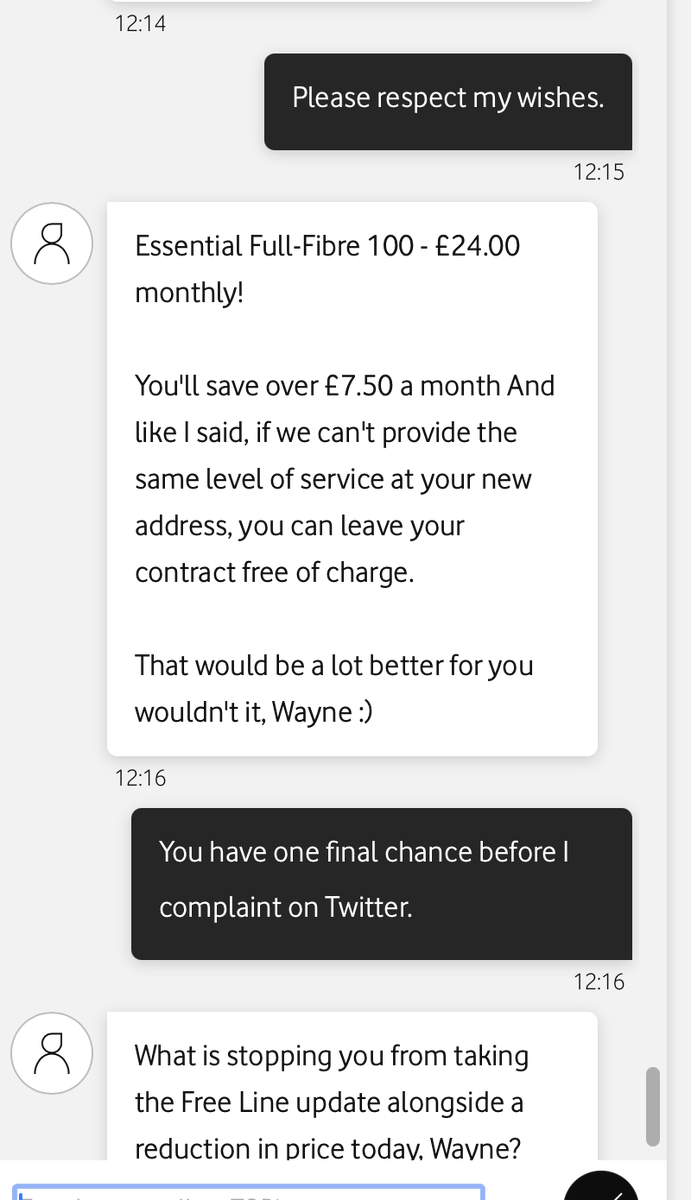 joefizzfinance's tweet photo. @VodafoneUK you should be ashamed. 55+mins online chat trying to give notice to leave. Dealt with Liam who has the morals of a sewer. He would not take my request, instead lowering his price. I feel bullied.

Call 07789 992233 so I can show the chats to you @WhichUK  please note. https://t.co/RTNJ0mh5tr