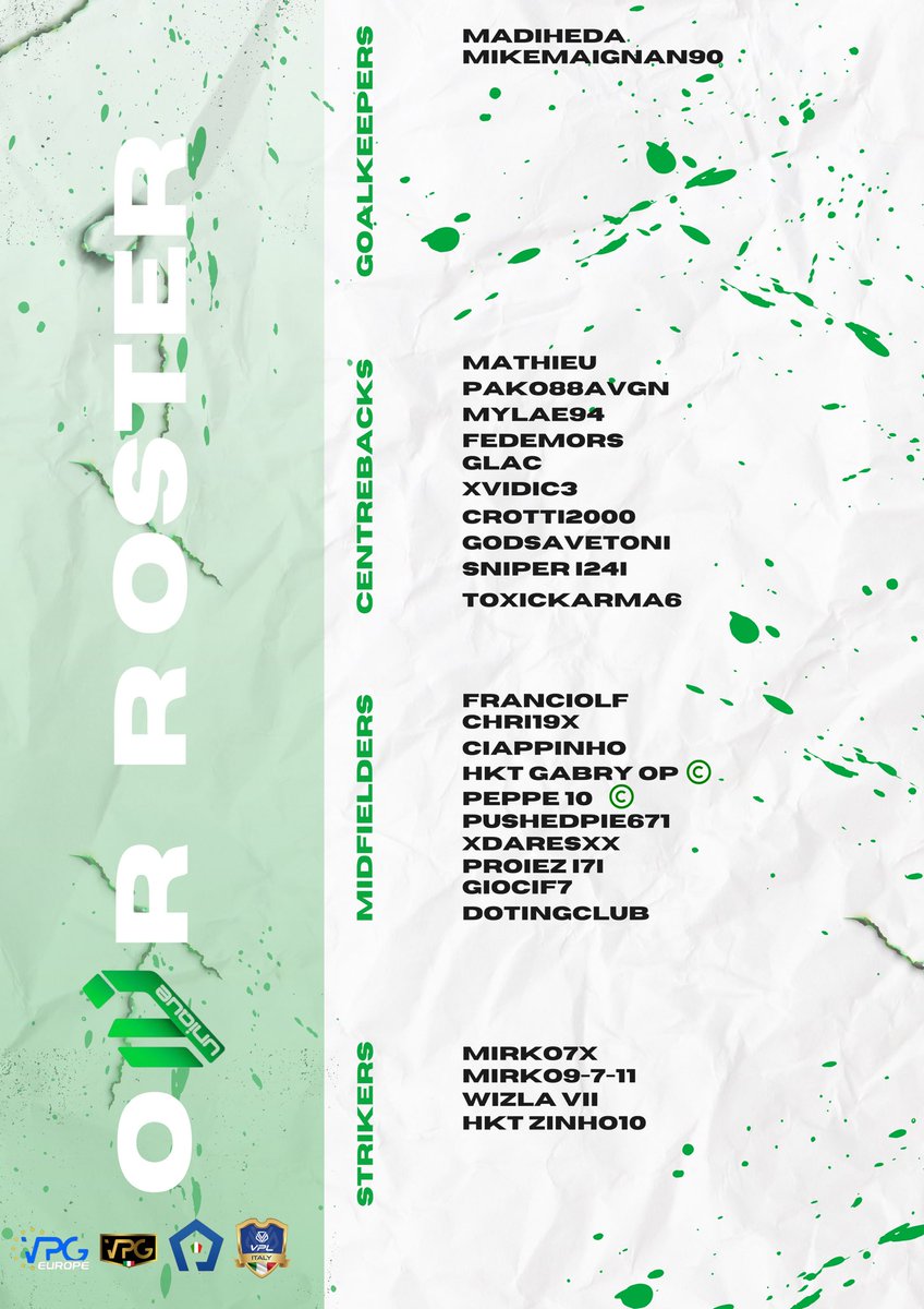 Roster ufficiale per questa stagione di
<a href="/VPGItaly/">Virtual Pro Gaming Italy 🇮🇹</a> 🇮🇹
<a href="/OfficialVPG/">Virtual Pro Gaming</a> 🇪🇺
<a href="/VPLItaly/">VPL Italy 🇮🇹</a> 
<a href="/proleagueit/">ProLeague Italia</a> 

-Grazie a <a href="/VONDOOOOOOOM/">-</a> per la grafica-