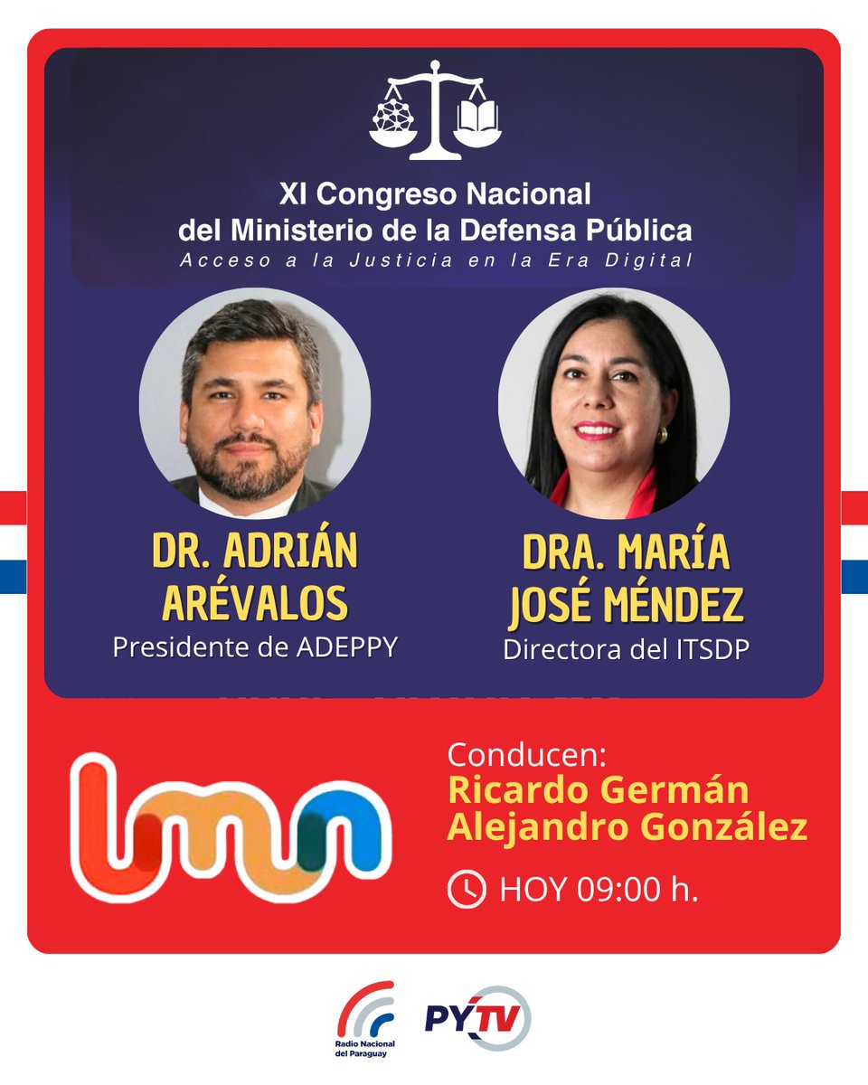 rnpy920am's tweet image. Hoy en #LaMañanaNacional nos visitan la🗣️ Dra. María Méndez, Dir. Gral. del Instituto Técnico Superior de la Defensa Pública y el🗣️Dr. Adrián Arévalos, Pdte. de la Asociación de Defensores Públicos del Paraguay para hablarnos del XI Congreso Nacional del @MDP_py