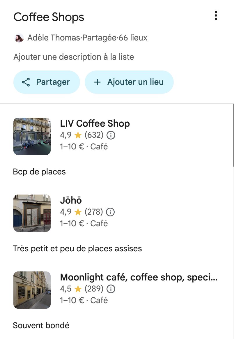 Amis parisiens!! j'update ma map des coffee shops (sur Google Map cette fois pas Apple Plans...) je vous drop le lien vous pouvez le save &amp; vous aurez les updates à chaque fois normalement <3

j'essaie de mettre des notes à chaque fois aussi genre PC autorisé / peu de places...