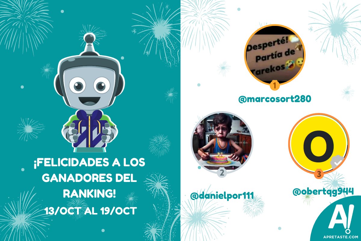 Felicidades a @marcosort280, <a href="/danielpor111/">danielpor111</a> y @obertqg944 por ser los usuarios más activos en Apretaste en la semana del 13/octubre al 19/octubre. Revisa los ganadores anteriores. bit.ly/3K8w15T