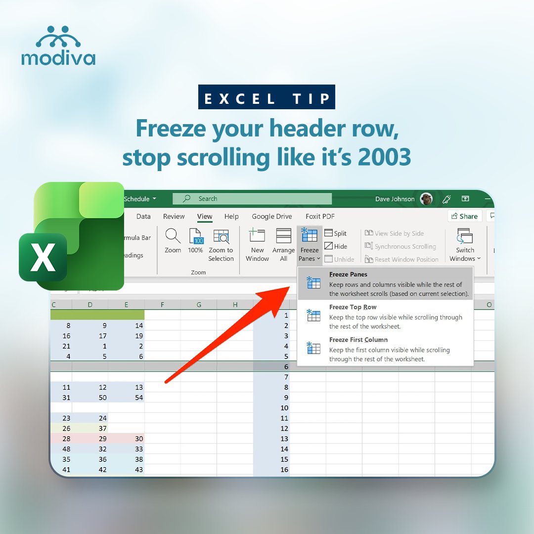 ModivaCommunity's tweet image. Keep your headers visible while scrolling through endless data. Go to View → Freeze Panes → Freeze Top Row.
Now your column titles stay put while you scroll.
#TechTipsMonday #ExcelHack #SpreadsheetSkills #WorkSmarter