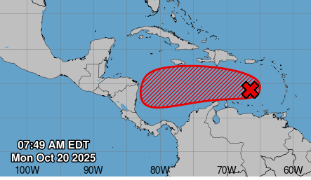[800 AM] 
🚨POSIBLE TORMENTA TROPICAL ESTA SEAMANA SOBRE EL MAR CARIBE 🚨
Es probable que una depresión o tormenta tropical se forme durante los próximos días. Independientemente del desarrollo, las fuertes lluvias y vientos con ráfagas están disminuyendo para las Islas de las