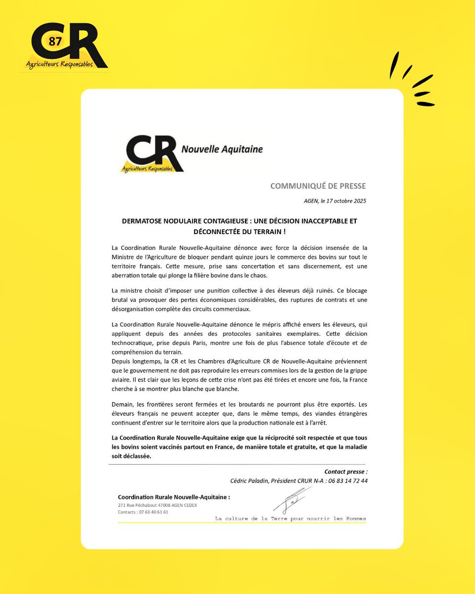 ⛔️ Fermeture des frontières concernant l'exportation des bovins

⚠️Gestion de la Dermatose Nodulaire Contagieuse (DNC)

Retrouvez ci-dessous la réaction du nouveau Président de la Coordination Rurale Nouvelle Aquitaine, Cédric Paladin sur la Dermatose Nodulaire Contagieuse