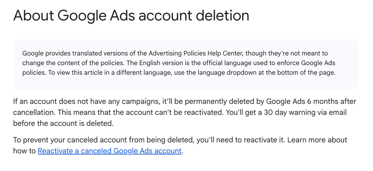 Google to delete Google Ads accounts without any campaigns after 6 months seroundtable.com/google-ads-acc… via <a href="/hanakobzova/">Hana Kobzová</a>