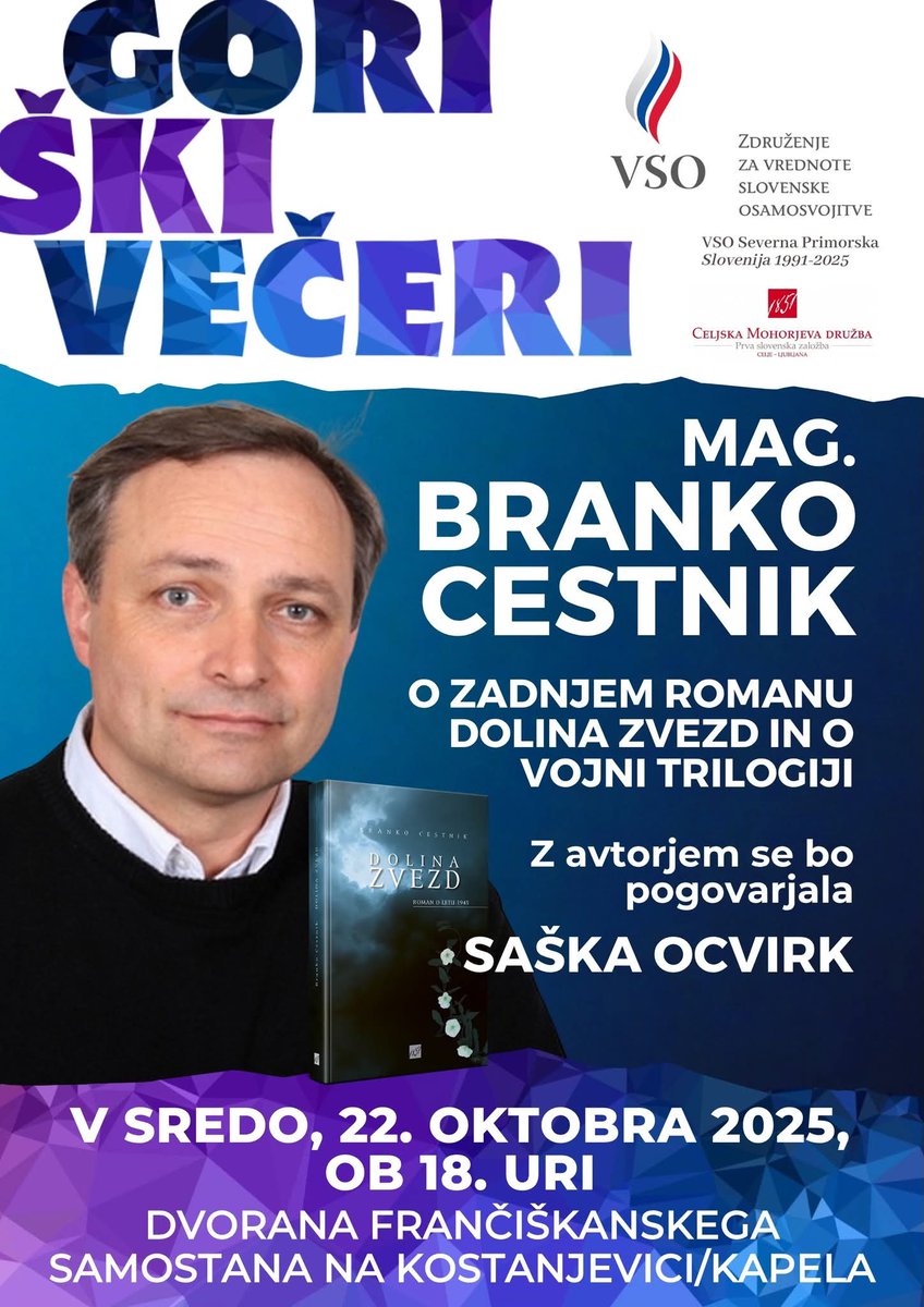 Spet so z nami Goriški večeri. V sredo ob 18. uri bo z nami mag. Branko Cestnik.

Vljudno vabljeni v dvorano Frančiškanskega samostana na Kostanjevici.

#GoriskiVeceri