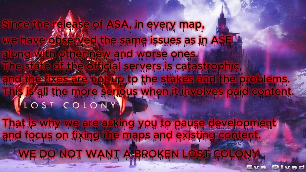GamesnRoses's tweet image. Dear @survivetheark , with all my respect and love : 
- No map was ready to be released, so this time for Lost Colony do what you have never done before..

even if it means several months of delay, so be it.
i need you all on this #ARKSurvivalAscended 
comment #fixit if you agree