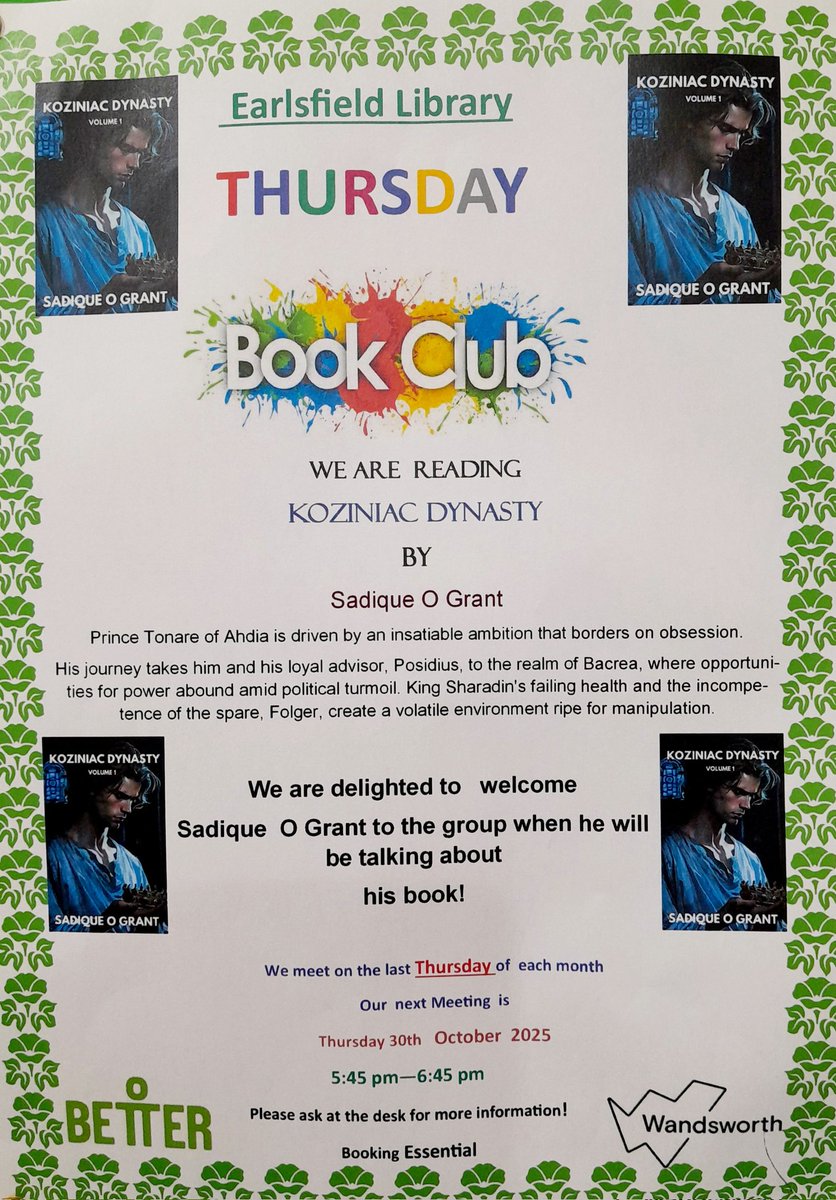 We are thrilled to announce that author Sadique O Grant will be our guest of honour at our book group on Thursday 30th October, to talk about his book! Please see the poster below for more information😊