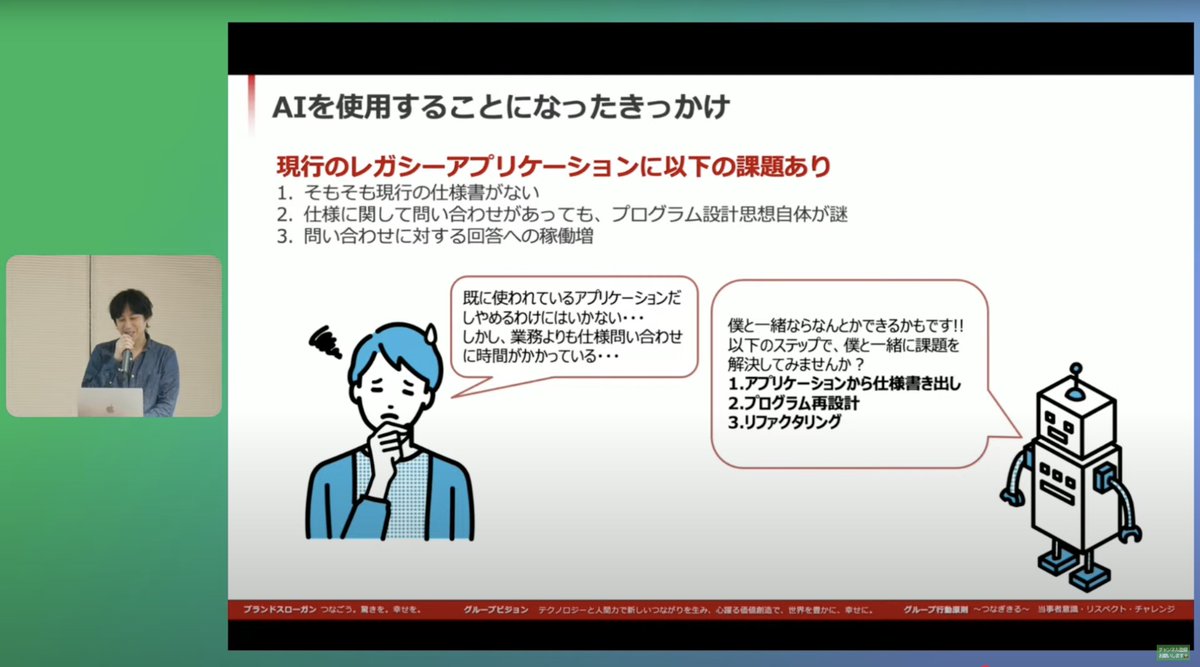 ruonp24's tweet image. #LINEDC
実務で大規模コードをLLMを活用してリプレイスしたリアルな話！レガシーコードから仕様書を書き出してそこからHITLで再モデリング。誰もわからないレガシーコードをMVC→DDD Clean Architectureへの移行した面白い話