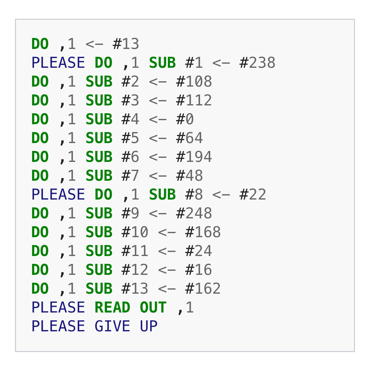 fahad_s_ali's tweet image. Obsessed with this parody programming language, INTERCAL, where this is what Hello World looks like and where the compiler gets angry if you say please too often or not enough.
PLEASE GIVE UP