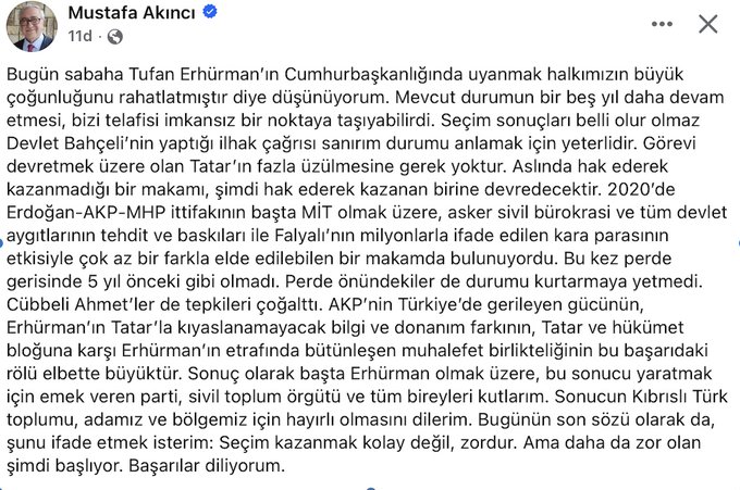 Mustafa Akıncı : "Seçim kazanmak kolay değil, zordur. Ama daha da zor olan şimdi başlıyor. Başarılar dilerim."