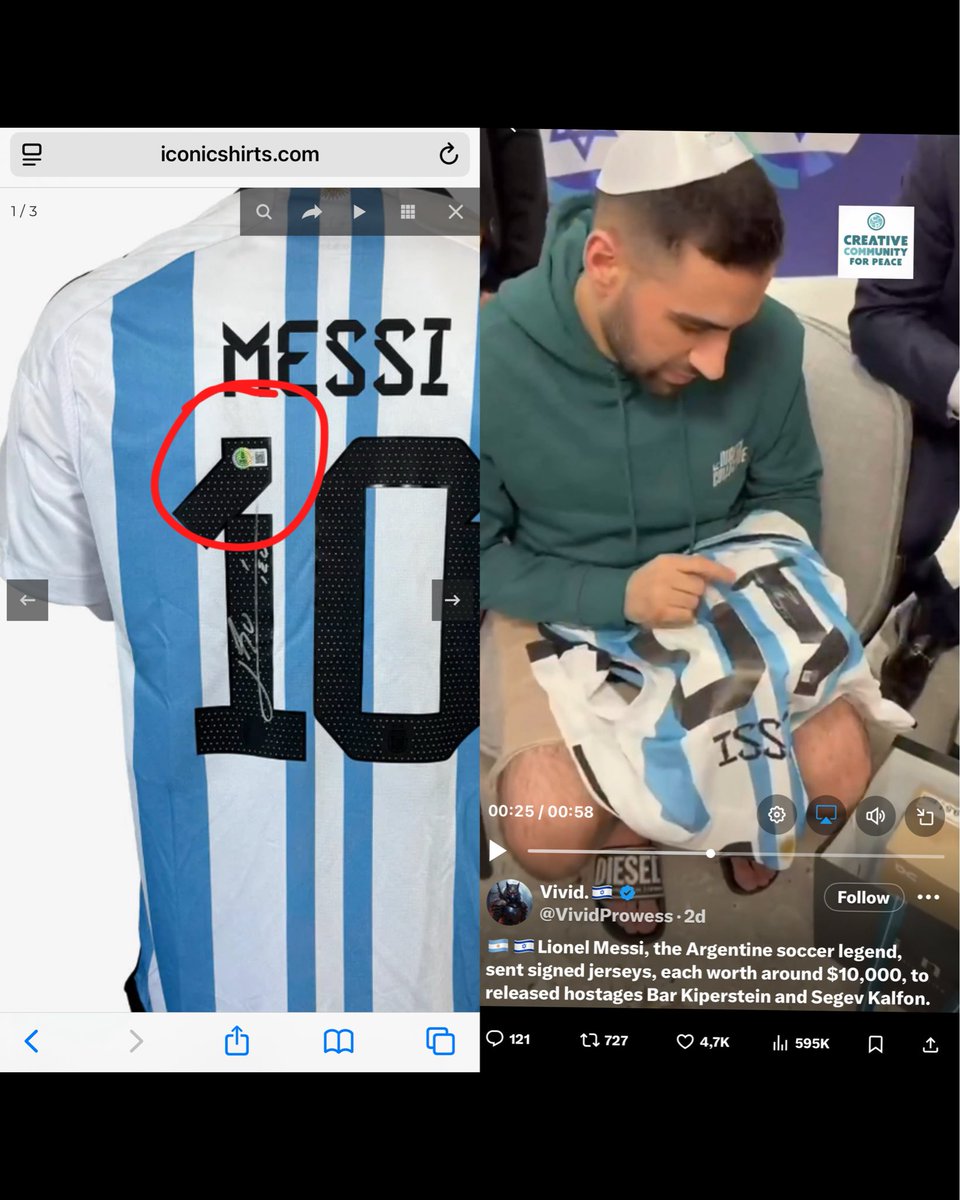 Fake story alert!

Leo Messi never sent any signed jerseys to these Israeli ‘hostages’. Both kits in the video still carry the authentication sticker from a memorabilia reseller.

They purchased the shirts and fabricated the story.
