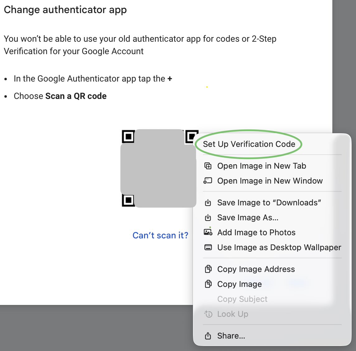 DeepDiveInOcean's tweet image. Apple Safari surprisingly recognizes TOTP QR code images; right-clicking allows setting up the verification code (for a Google account in this case).