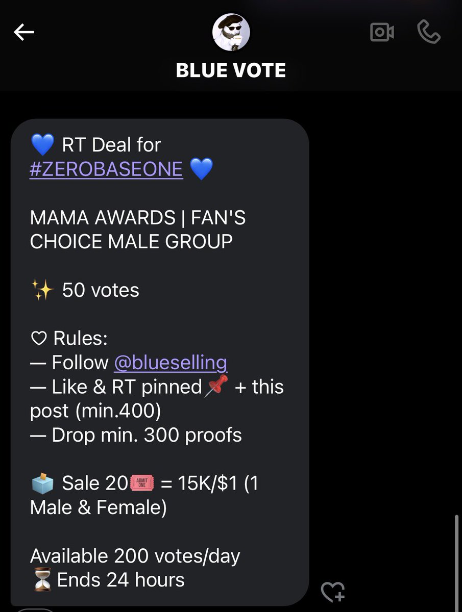 [📢 RT DEAL]

💙 RT Deal for #ZEROBASEONE 💙

MAMA AWARDS | FAN'S CHOICE MALE GROUP

50 VOTES 🎟️ 

♡ Rules: 
— Follow <a href="/blueselling/">BLUE VOTE</a> 
— Like &amp; RT pinned📌 + this post (min.400)
— Drop min. 300 proofs

🗳 Sale 20🎟 = 15K/$1 (1 Male &amp; Female)

Available 200 votes/day
⏳Ends 24 hours