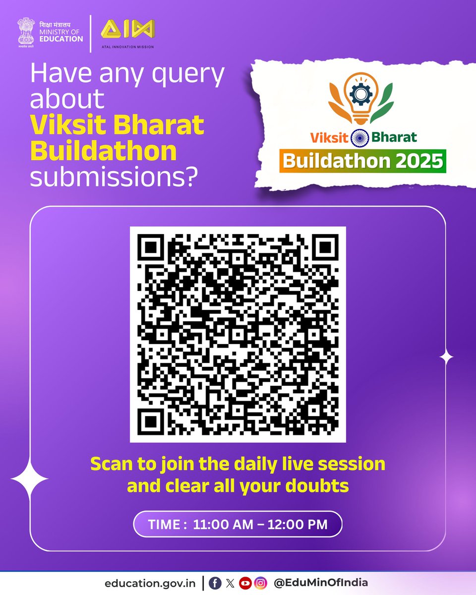 EduMinOfIndia's tweet image. Got questions about the #ViksitBharatBuildathon2025 submission process?
💡Join the live expert session from 11:00 AM to 12:00 PM and get step-by-step clarity to make your submission process seamless.
Don’t miss this opportunity to ensure your innovation shines on the national…