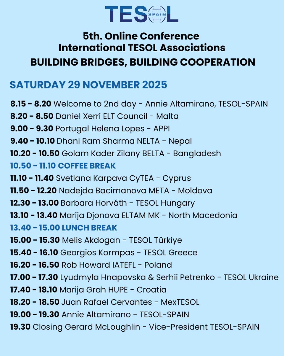 📝 Register now 👉 bit.ly/5thOnlineConfe…
Programme: tesol-spain.org/en/news/4/120/…
Let’s keep building bridges!
#TESOLSPAIN #ELTcommunity #BuildingBridges #TeacherDevelopment #GlobalELT #5thonlineconference #internationalassociations
