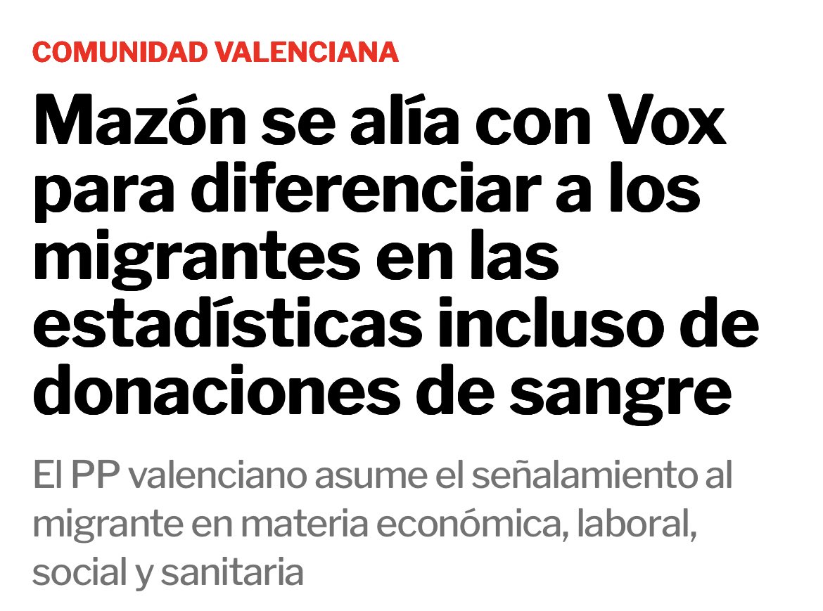 Lo que está haciendo el Partido Popular en la Comunitat Valenciana es repugnante. 

Completamente vendidos a la ideología ultra. Sin sonrojarse. 

Criminalizan a la población migrante y fomentan el racismo. 
Propaganda xenófoba al dictado de Vox. 
elplural.com/autonomias/com…