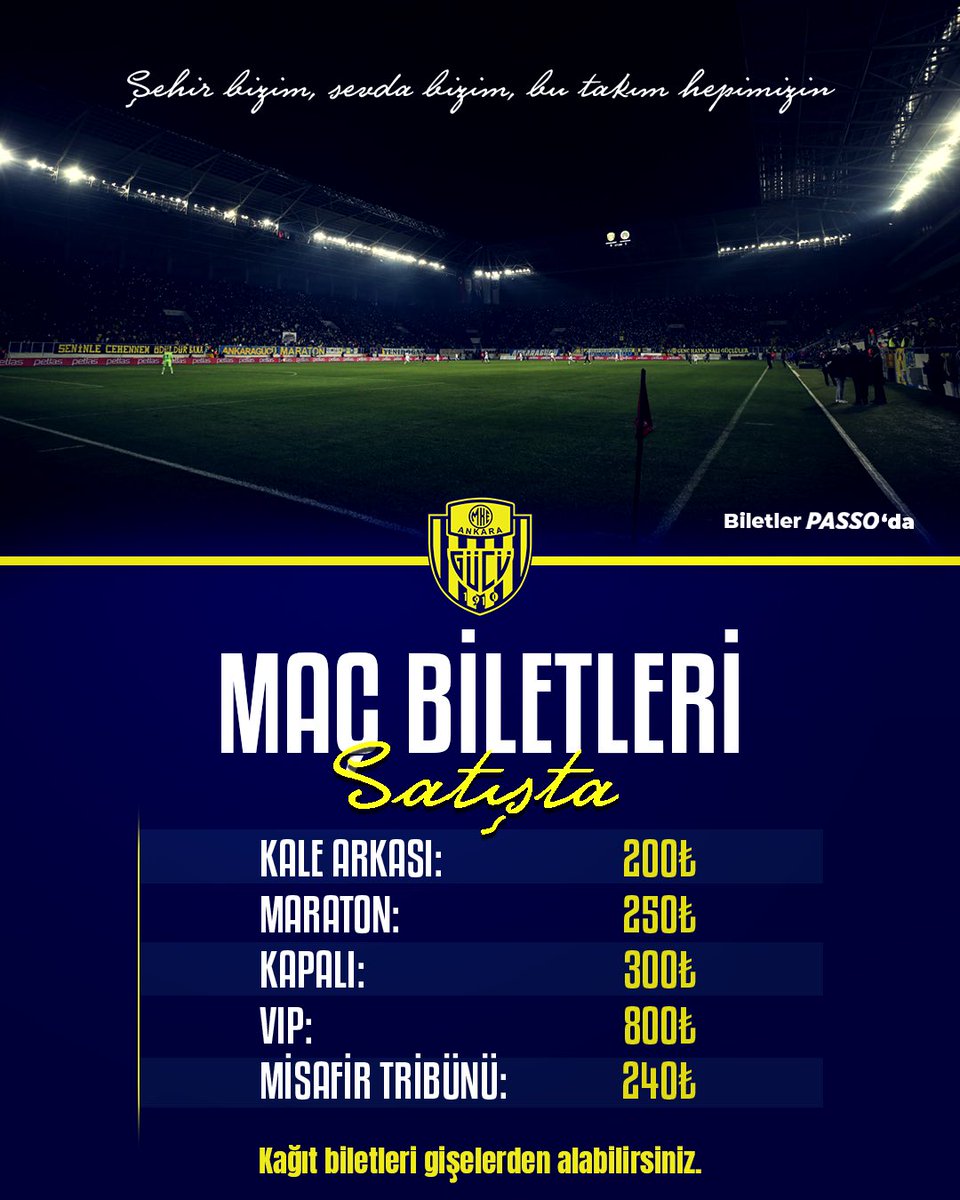 Biletler Satışta!

MKE Ankaragücü - Kızılkaya Tarım Şanlıurfaspor
📍 Eryaman Stadyumu / Ankara
📅 25 Ekim 2025, Cumartesi
🕖 Saat: 19.00

🎟️ Aile Tribünü Bloklarımız:
Güney Kale Arkası: 207. Blok
Doğu Maraton: 301–305. Bloklar
Kuzey Tribünü: 401. Blok
Sağ ve Sol Kapalı
