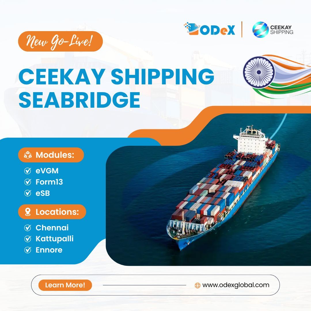 🚀 Go-Live Alert!
Ceekay Shipping Seabridge is now live on ODeX 🎉
📍 Chennai | Kattupalli | Ennore
⚙️ Modules: eVGM | Form 13 | eSB
Smarter trade starts here 👉 odexglobal.com

#ODeX #CeekayShipping #GoLive #DigitalTrade #IndiaShipping #ShippingSimplified