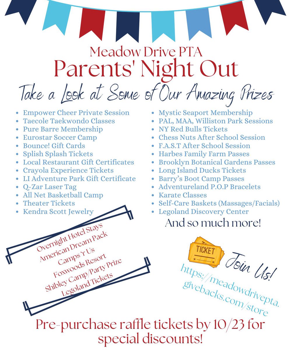 MeadowDrPTA's tweet photo. THIS Saturday - PARENTS’ NIGHT OUT! Buy your tickets, volunteer to help &amp; check out some of our AMAZING raffles! 

*Save the photo and click the QR code from your album! https://t.co/HZCx2vMOo0