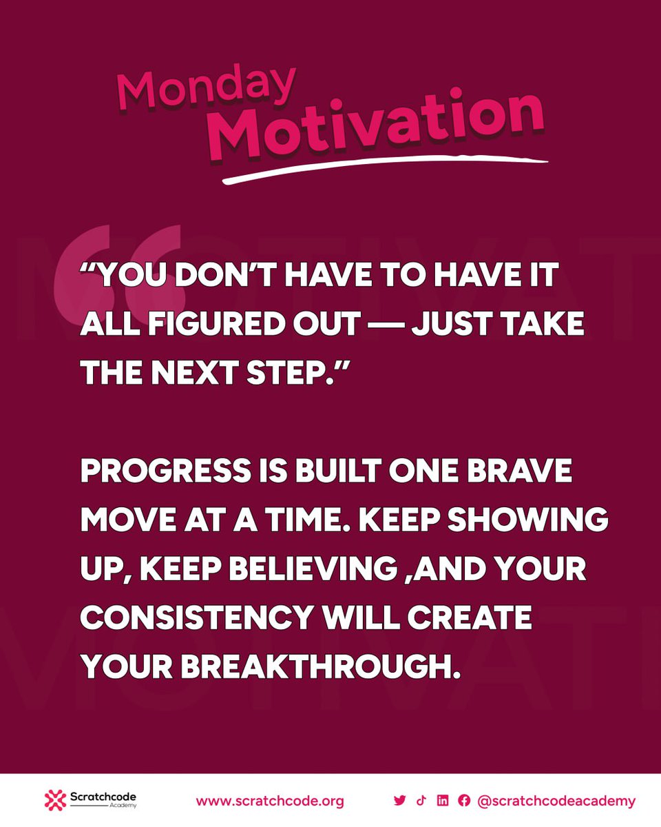 scratchcode_aca's tweet image. You don’t need a perfect plan — just start.
Every small step counts.
Join Scratchcode Academy today 🚀 ✨️
#MotivationMonday #KeepGoing #StayInspired #scratchcodeacademy #EveryoneCanCode