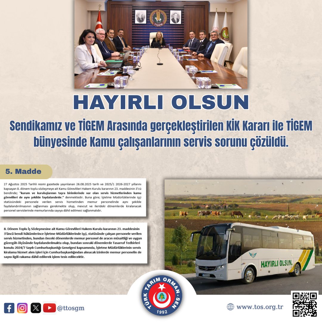 Sendikamız ve TİGEM arasında gerçekleştirilen KİK Kararı ile TİGEM bünyesinde Kamu çalışanlarının servis sorunu çözüldü.
Tarım İşletmeleri Genel Müdürlüğü çalışanlarımıza hayırlı olsun.